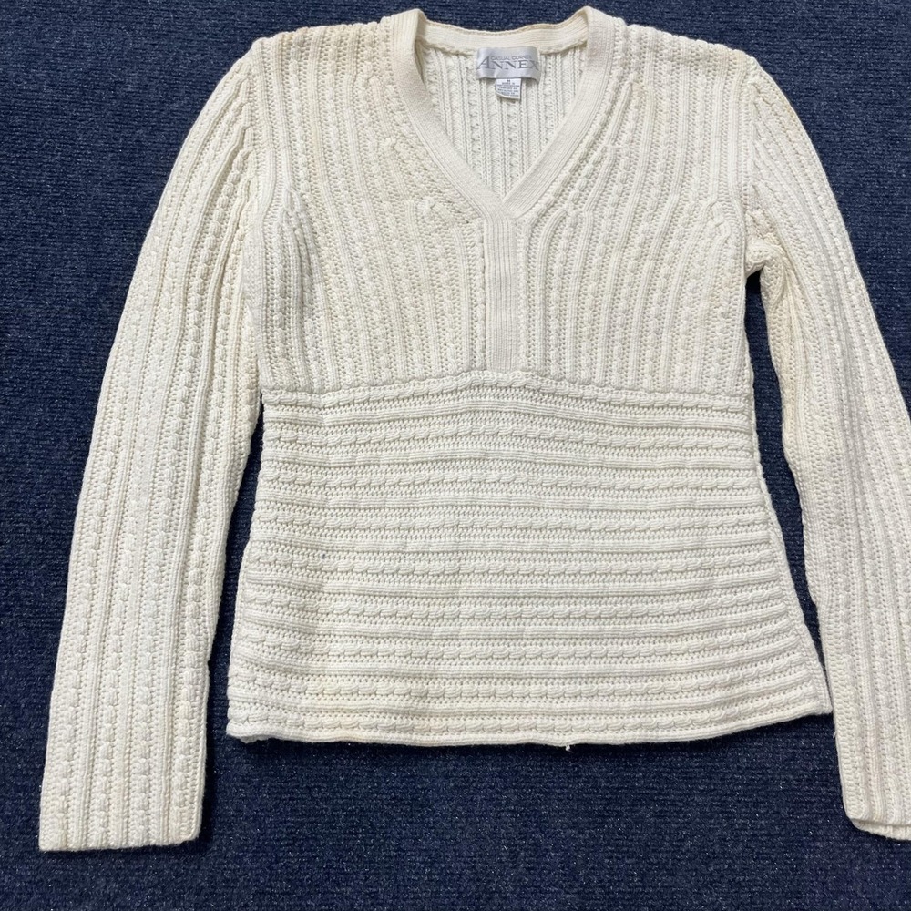 Casual Corner Annex Sweater Womens Medium Cream Knit V Neck Textured Long Sleeve